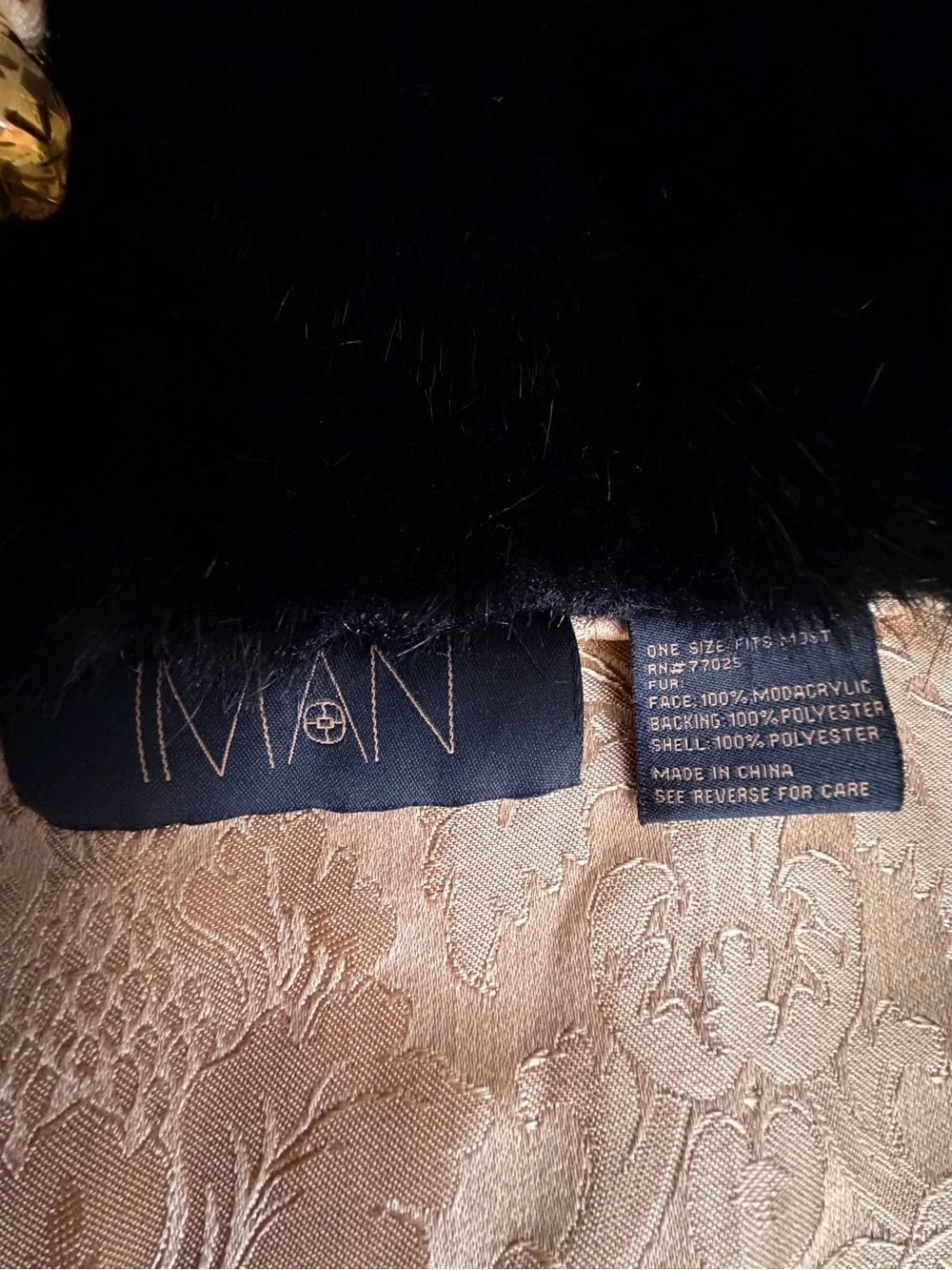 Vintage Black Faux Fur Evening stole  with Gold Brocade Lining.Iman 68”x 21”